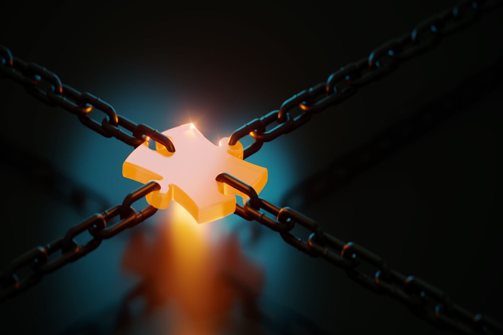 Orange Jigsaw Puzzle Piece Connecting Multiple Chains On Black Background